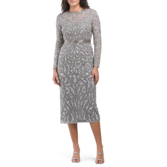 MAC DUGGAL Platinum Long Sleeve Embellished Midi Dress
